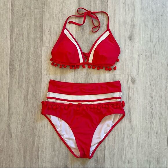 Cocoship Two Piece Swimsuit Red Pom Poms High Waisted Bottoms 8 - Picture 3 of 6